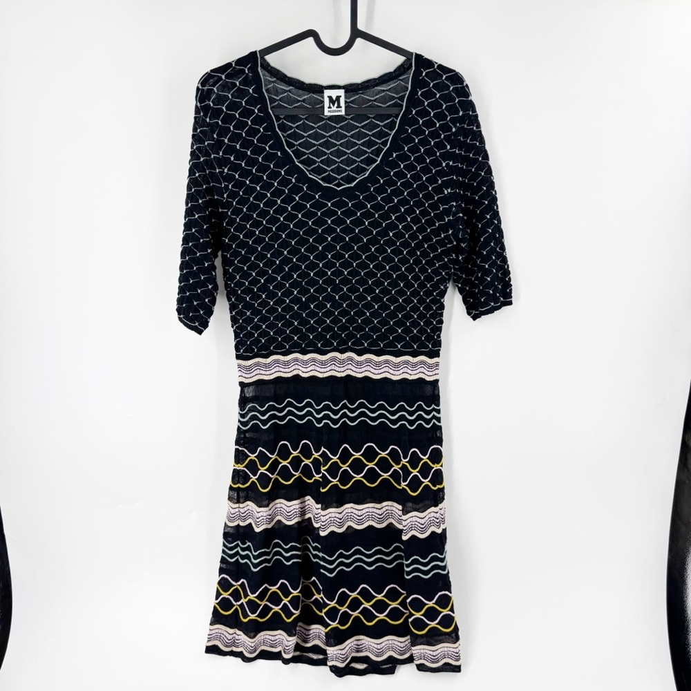 ✅‎ M Missoni Black Patterned Knit SHORT SLEEVE Patterned Black Dress SIZE MEDIUM